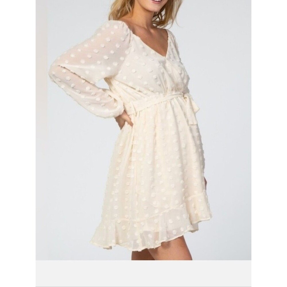 Swiss Dot Long-Sleeve Tie-Waist Mini Dress in Cream